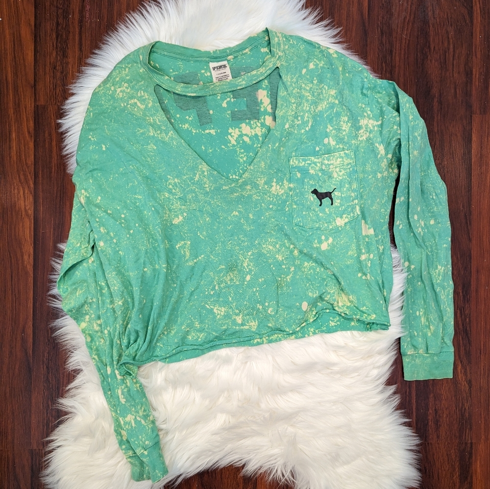PINK Victoria's Secret V-neck Cut Out Cropped T-shirt Tie Dye Green